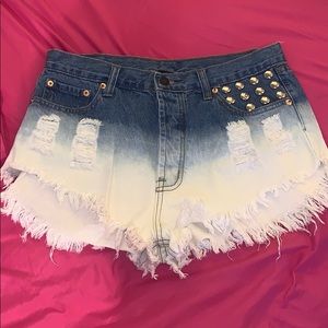 Ombre Denim Studded Pocket High Waist Mini Shorts